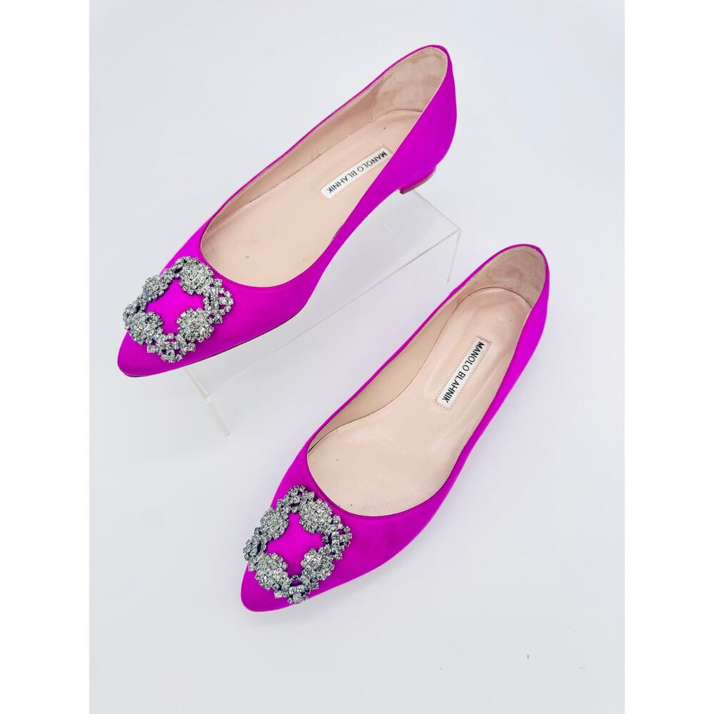 Manolo Blahnik Hangisi Pink Satin Crystal Embellished Buckle Flats Shoes EU 38 - Picture 4 of 10